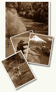 Fly fishing in Chile. The Cumilahue River with an angler casting to raising trout, flowing through Adrian and Patricia’s farm and the Cumilahue Fly Fishing Lodge.